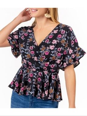 Mi Ami Peplum Floral Top Black Size XL